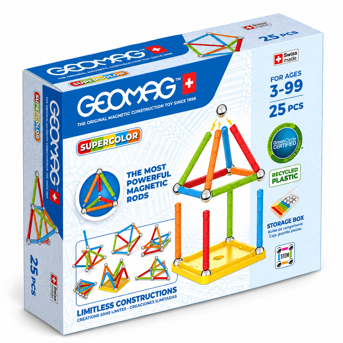 Geomag Supercolor Recycled 25 Pezzi – Costruzioni Magnetiche con Scatola Porta Pezzi
