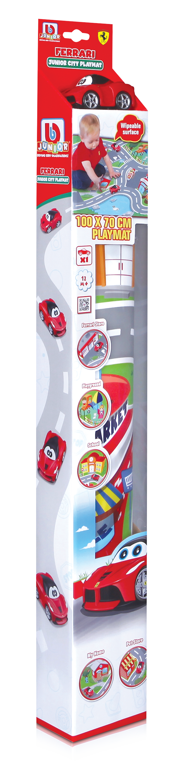 Bburago BB Junior Ferrari City Playmat – Tappeto Gioco 100 × 70 cm con Macchinina LaFerrari