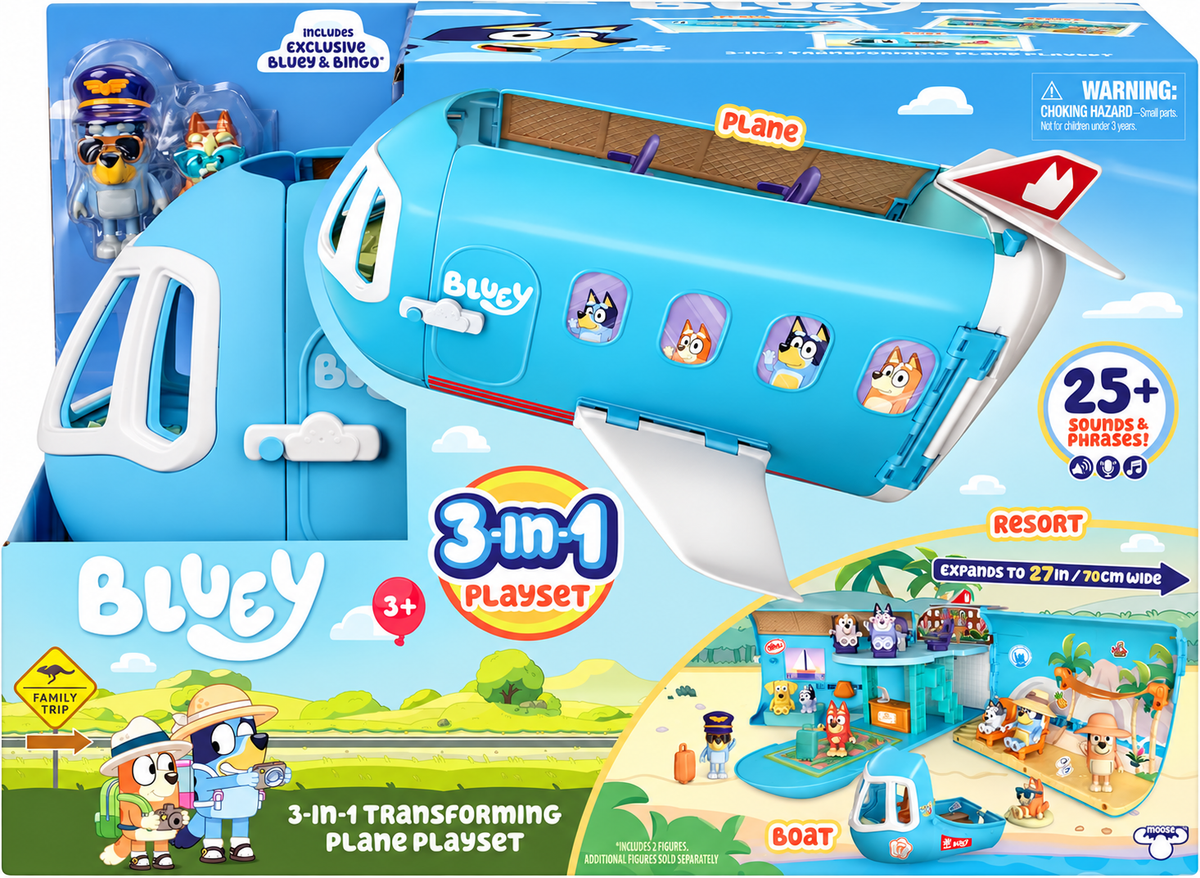 Bluey Aereo Trasformabile 3 in 1 – Playset con Resort e Barca Moose Toys