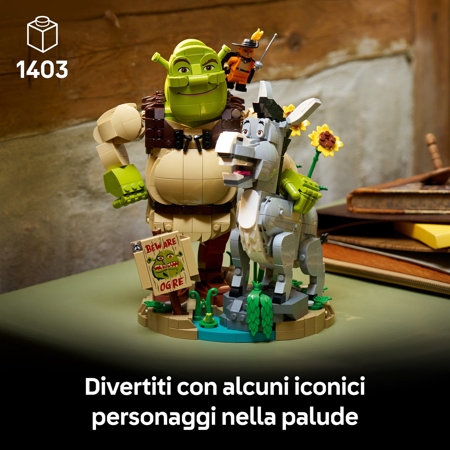 LEGO Shrek, Ciuchino e Gatto con gli Stivali - Kit Modellismo Cinematografico per Adulti - Set da Esposizione con 3 Personaggi - Decorazione per Scrivania o Mensola - Regalo per i Fan dei Film - 72423