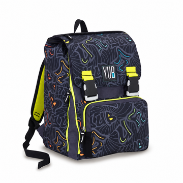 YUB Zaino Scuola con Patta – Fantasia Graffiti Nero e Grigio con Dettagli Fluo