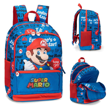 Super Mario – Zaino Scuola Organizzato Blu Panini con Tasche Porta Borraccia