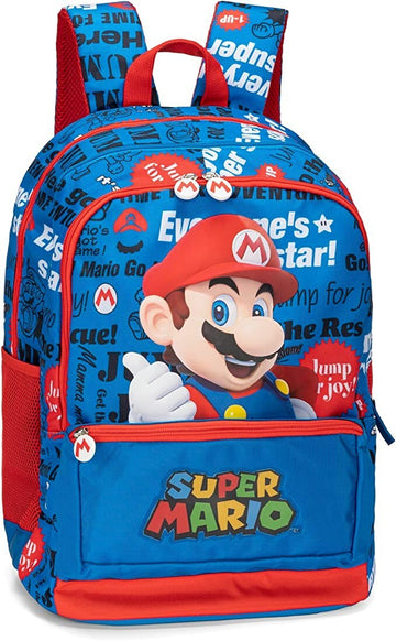 Super Mario – Zaino Scuola Organizzato Blu Panini con Tasche Porta Borraccia