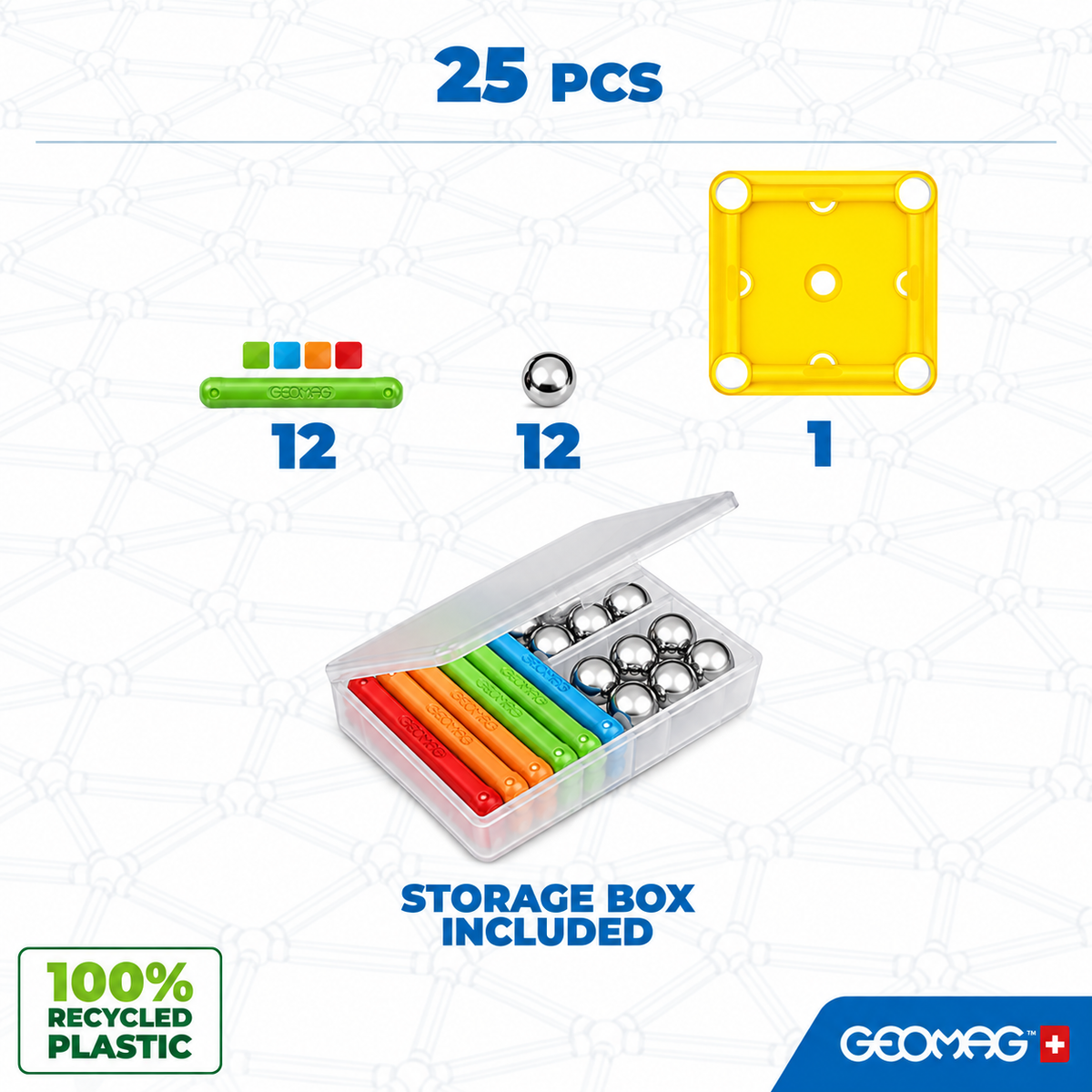 Geomag Supercolor Recycled 25 Pezzi – Costruzioni Magnetiche con Scatola Porta Pezzi