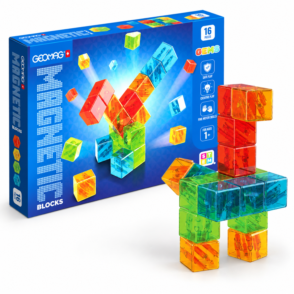 Geomag Magnetic Blocks Gems – Costruzioni Magnetiche 16 Cubi Colorati