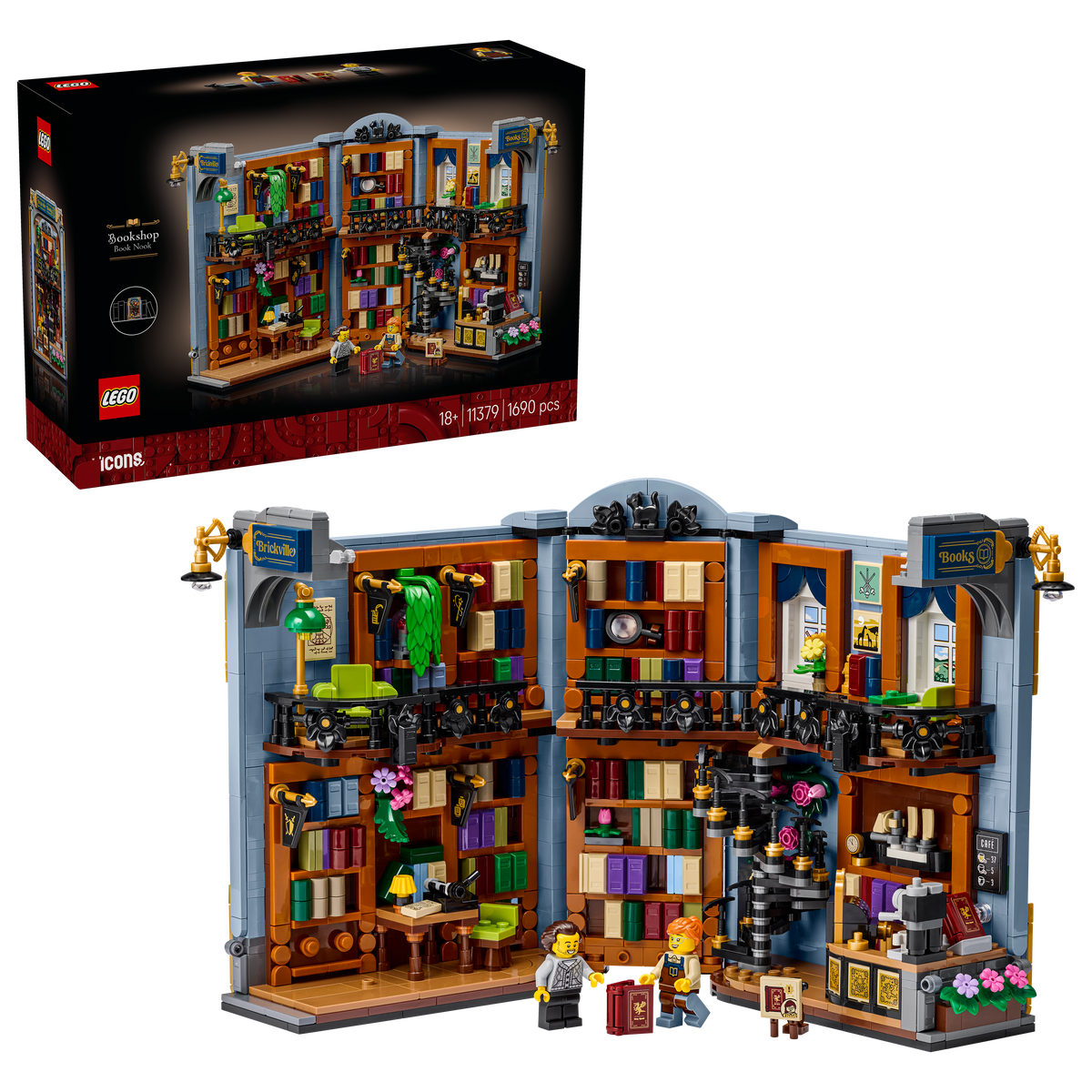 LEGO Icons 11379 Libreria: Book Nook, Reggilibri da Mensola Decorativo 3D per Adulti con 2 Minifigure, Idea Regalo Fai da Te
