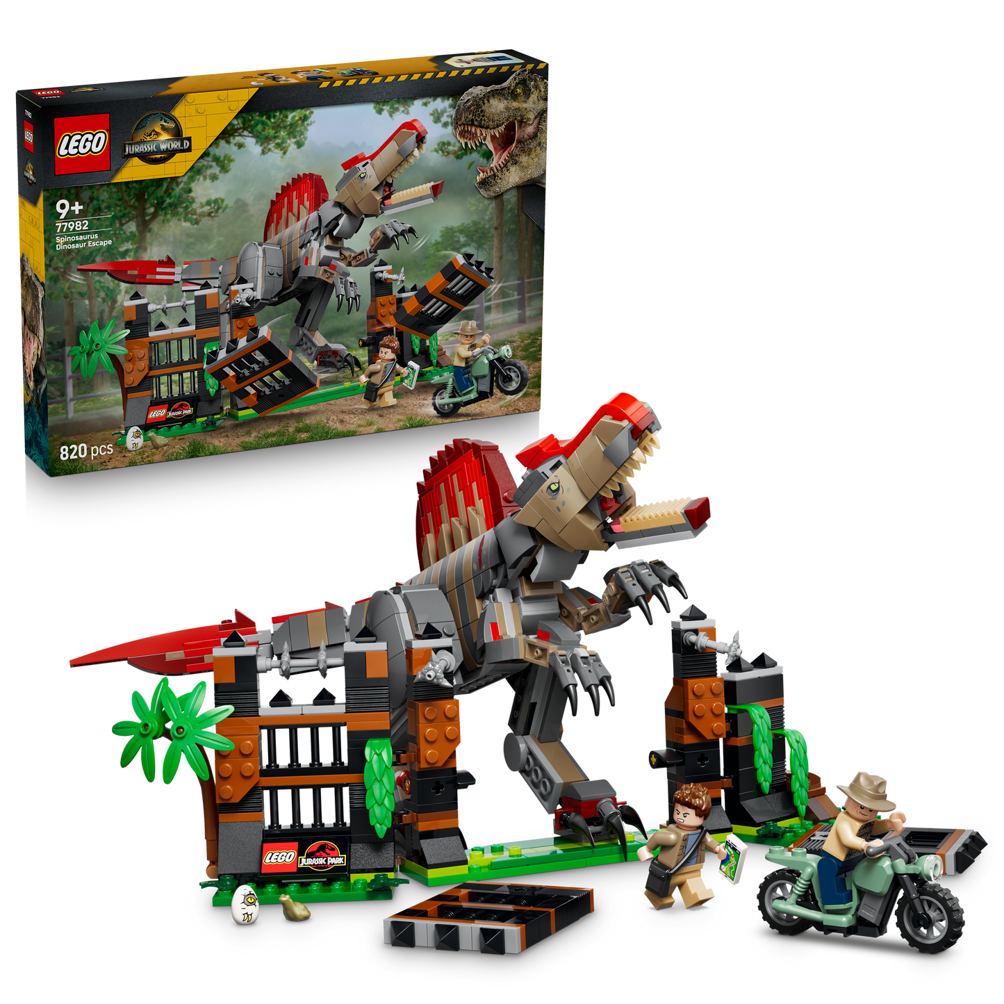 LEGO Jurassic World 77982 Fuga dal Dinosauro Spinosauro, Giocattolo Interattivo con Dino, Moto e 2 Minifigure, Regalo da 9+