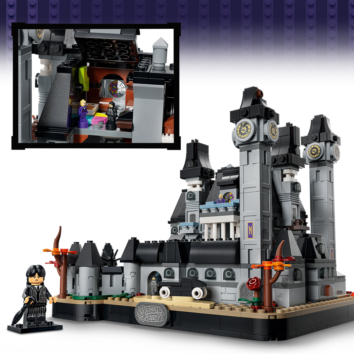 LEGO Wednesday 76788 Nevermore Academy, Modellino di Scuola Giocattolo con 3 Personaggi e Accessori, Regalo per Bambini 10+
