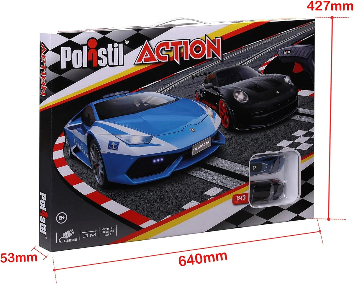 Polistil Action 96151 – Pista Elettrica 1:43 con Lamborghini Polizia e Porsche, Tracciato 3,08 m