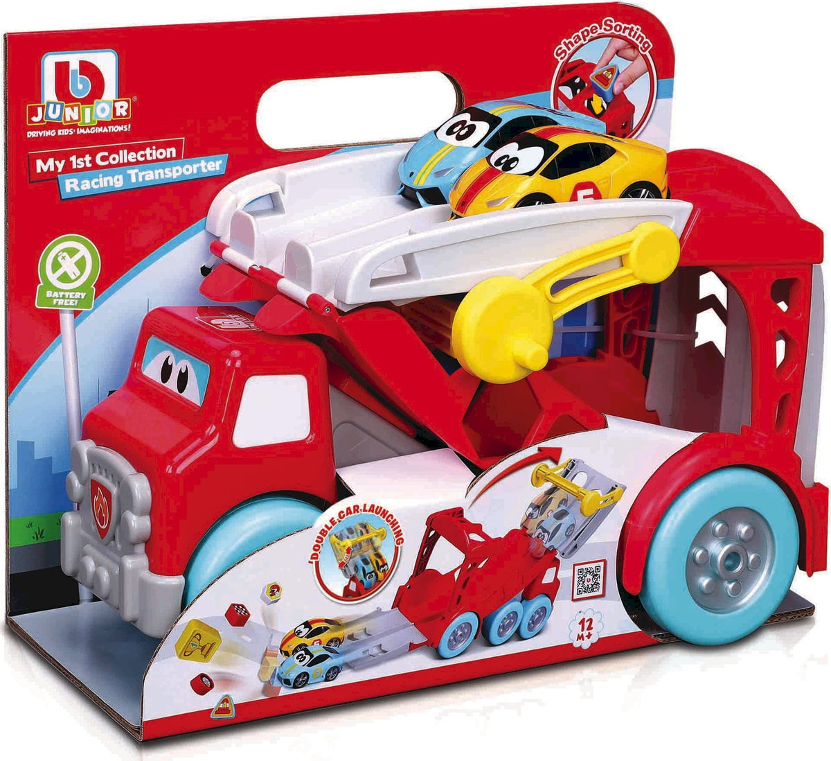 Bburago Junior 88623 – Racing Transporter, Camion Bisarca con 2 Auto Lamborghini e Formine
