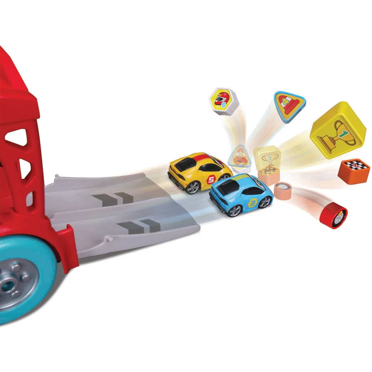 Bburago Junior 88623 – Racing Transporter, Camion Bisarca con 2 Auto Lamborghini e Formine