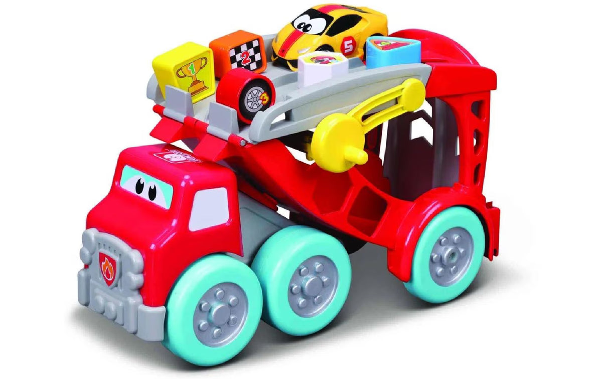 Bburago Junior 88623 – Racing Transporter, Camion Bisarca con 2 Auto Lamborghini e Formine
