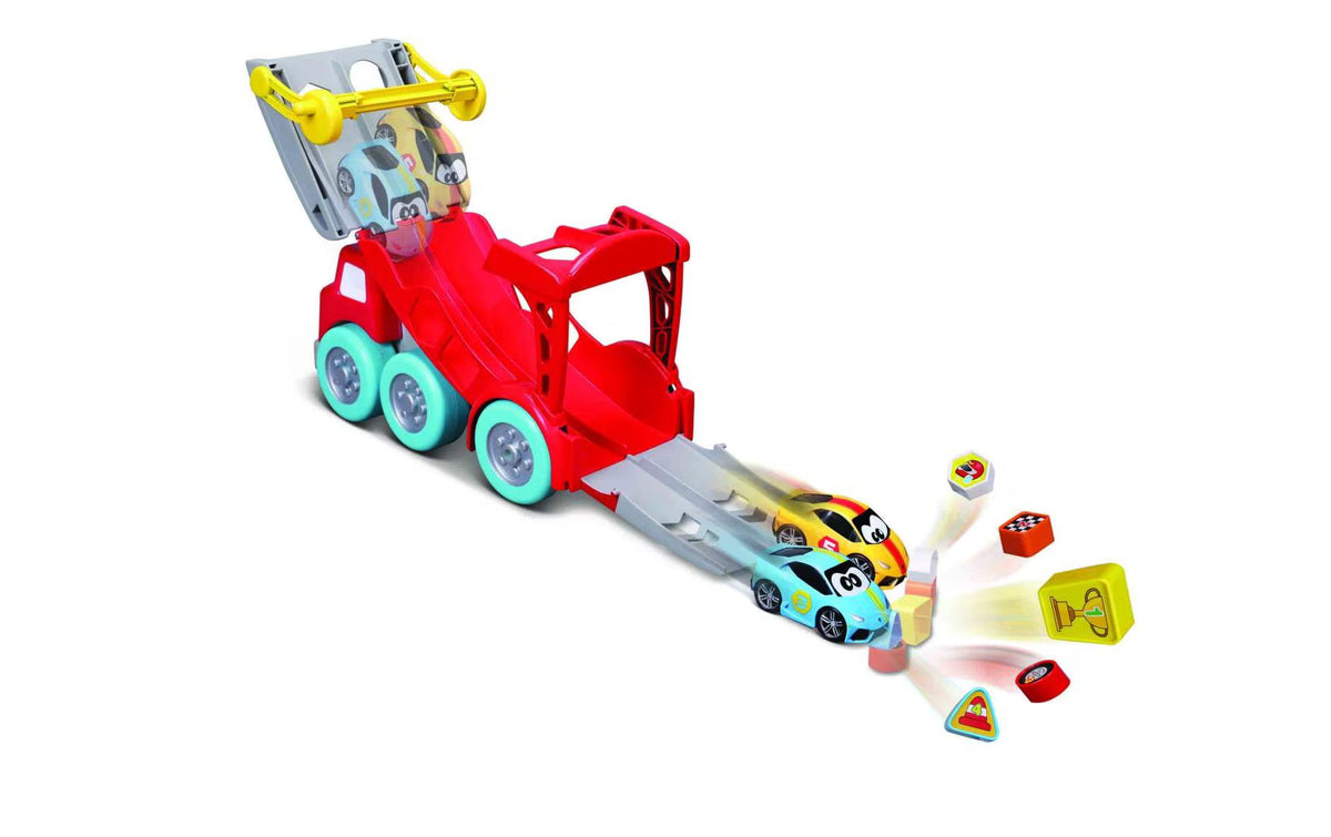 Bburago Junior 88623 – Racing Transporter, Camion Bisarca con 2 Auto Lamborghini e Formine