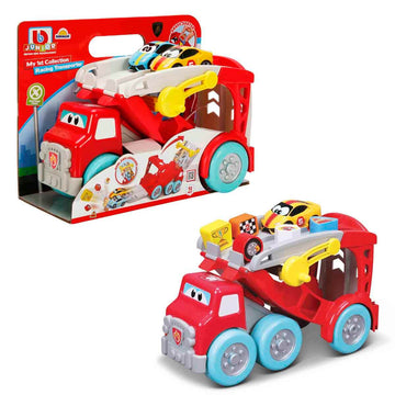 Bburago Junior 88623 – Racing Transporter, Camion Bisarca con 2 Auto Lamborghini e Formine