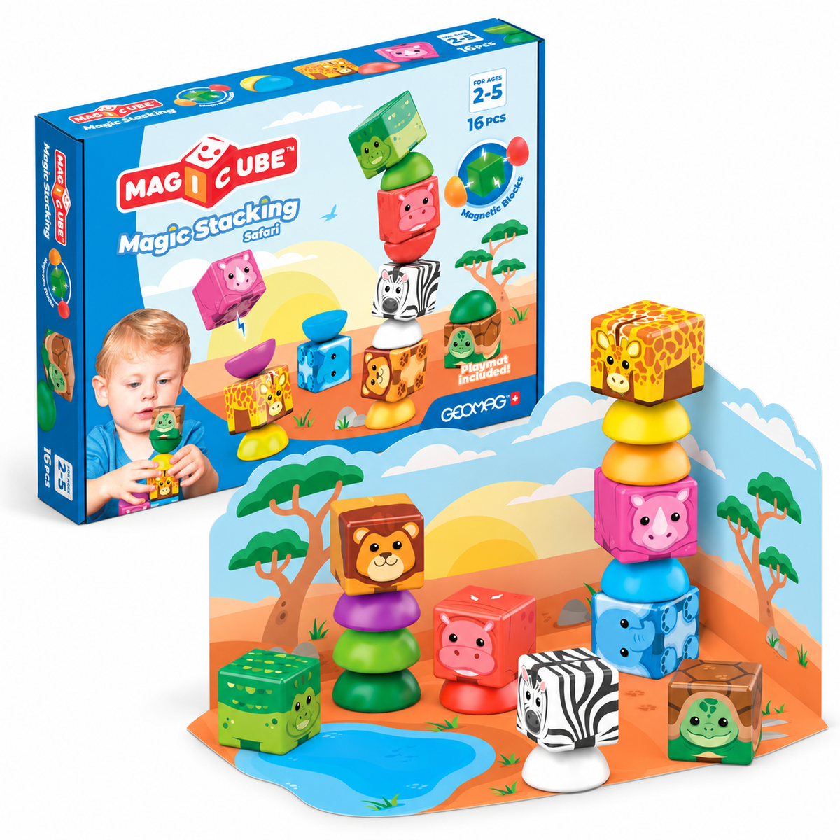 Geomag Magicube Stacking Safari – Costruzioni Magnetiche con Animali 16 Pezzi
