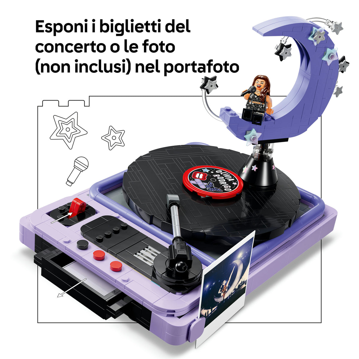 LEGO Editions 43029 La Mezzaluna del Concerto di Olivia Rodrigo, Kit con Giradischi, Vinile e Minifigure, Regalo da 14+ Anni