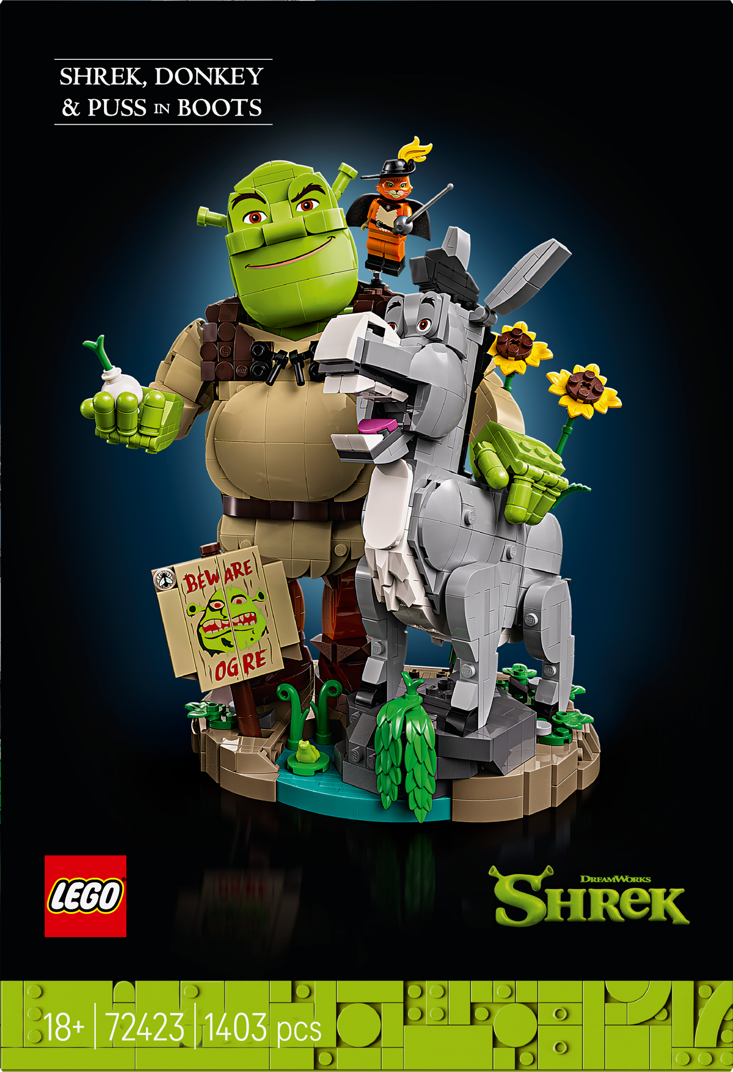 LEGO Shrek, Ciuchino e Gatto con gli Stivali - Kit Modellismo Cinematografico per Adulti - Set da Esposizione con 3 Personaggi - Decorazione per Scrivania o Mensola - Regalo per i Fan dei Film - 72423