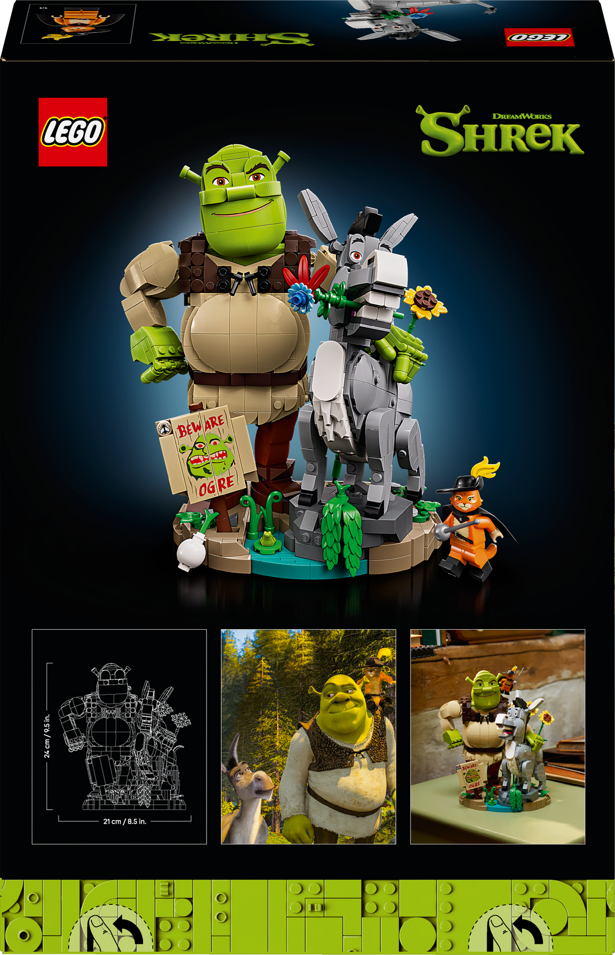 LEGO Shrek, Ciuchino e Gatto con gli Stivali - Kit Modellismo Cinematografico per Adulti - Set da Esposizione con 3 Personaggi - Decorazione per Scrivania o Mensola - Regalo per i Fan dei Film - 72423