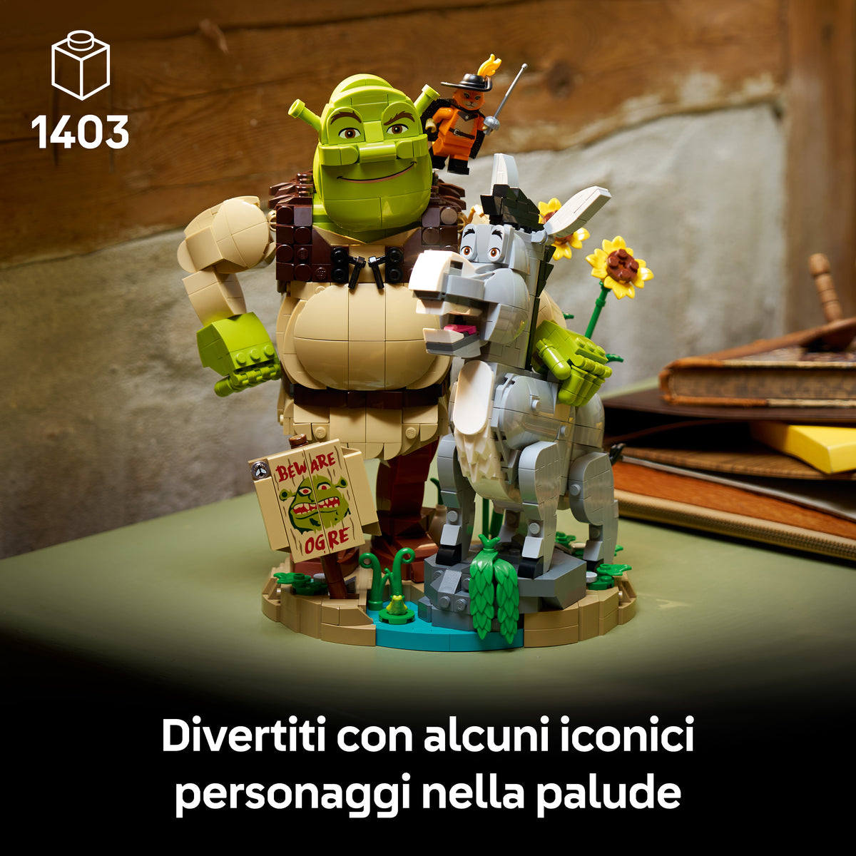 LEGO Shrek, Ciuchino e Gatto con gli Stivali - Kit Modellismo Cinematografico per Adulti - Set da Esposizione con 3 Personaggi - Decorazione per Scrivania o Mensola - Regalo per i Fan dei Film - 72423
