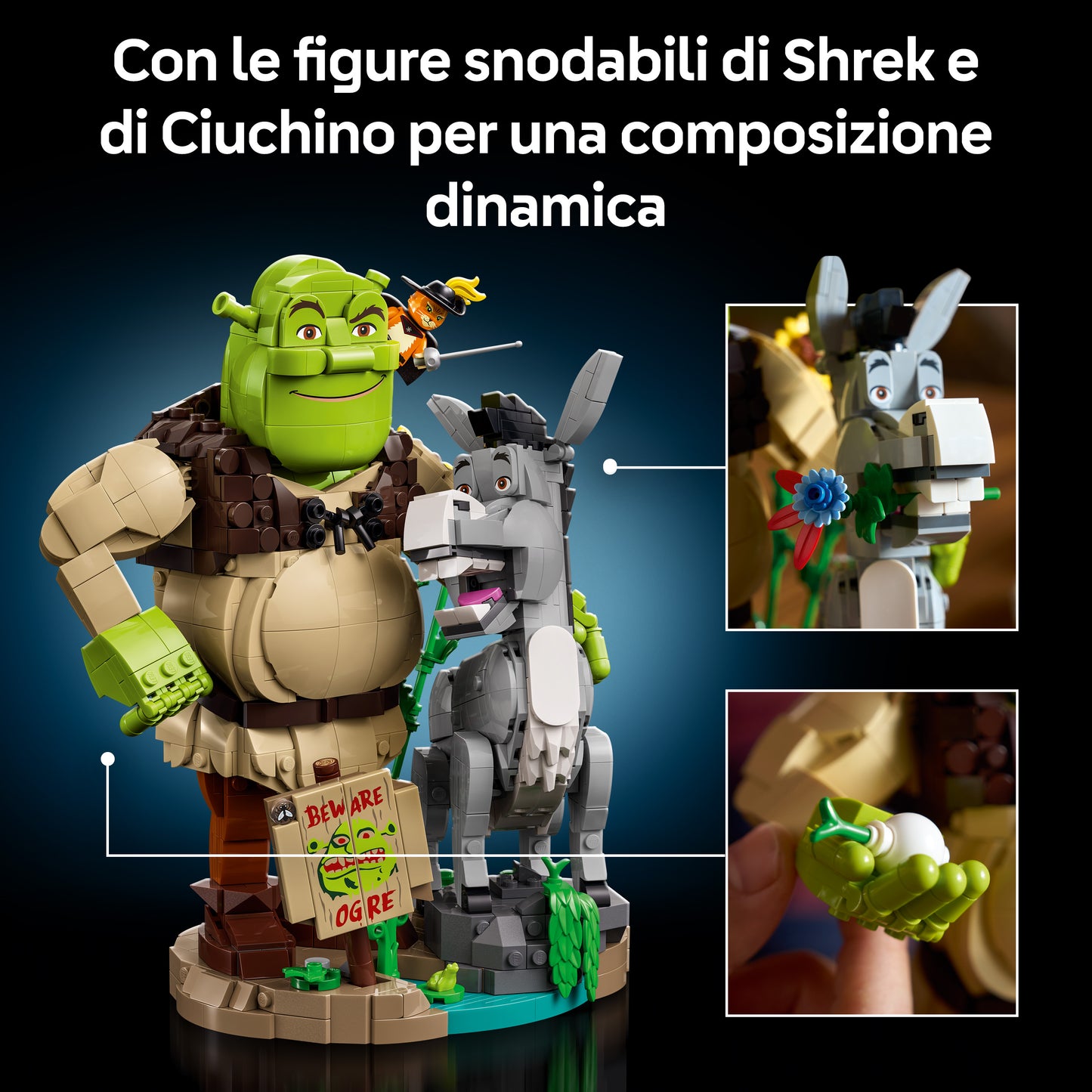 LEGO Shrek, Ciuchino e Gatto con gli Stivali - Kit Modellismo Cinematografico per Adulti - Set da Esposizione con 3 Personaggi - Decorazione per Scrivania o Mensola - Regalo per i Fan dei Film - 72423