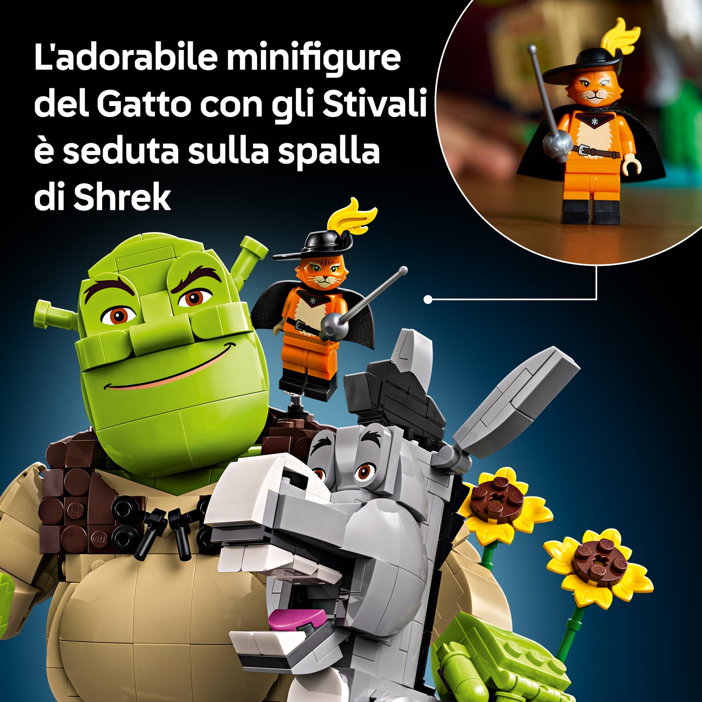 LEGO Shrek, Ciuchino e Gatto con gli Stivali - Kit Modellismo Cinematografico per Adulti - Set da Esposizione con 3 Personaggi - Decorazione per Scrivania o Mensola - Regalo per i Fan dei Film - 72423