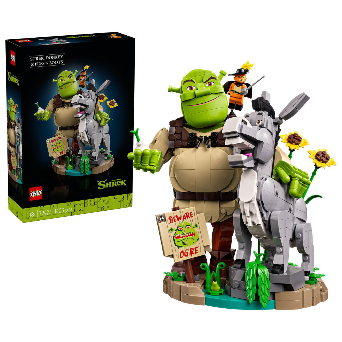 LEGO Shrek, Ciuchino e Gatto con gli Stivali - Kit Modellismo Cinematografico per Adulti - Set da Esposizione con 3 Personaggi - Decorazione per Scrivania o Mensola - Regalo per i Fan dei Film - 72423