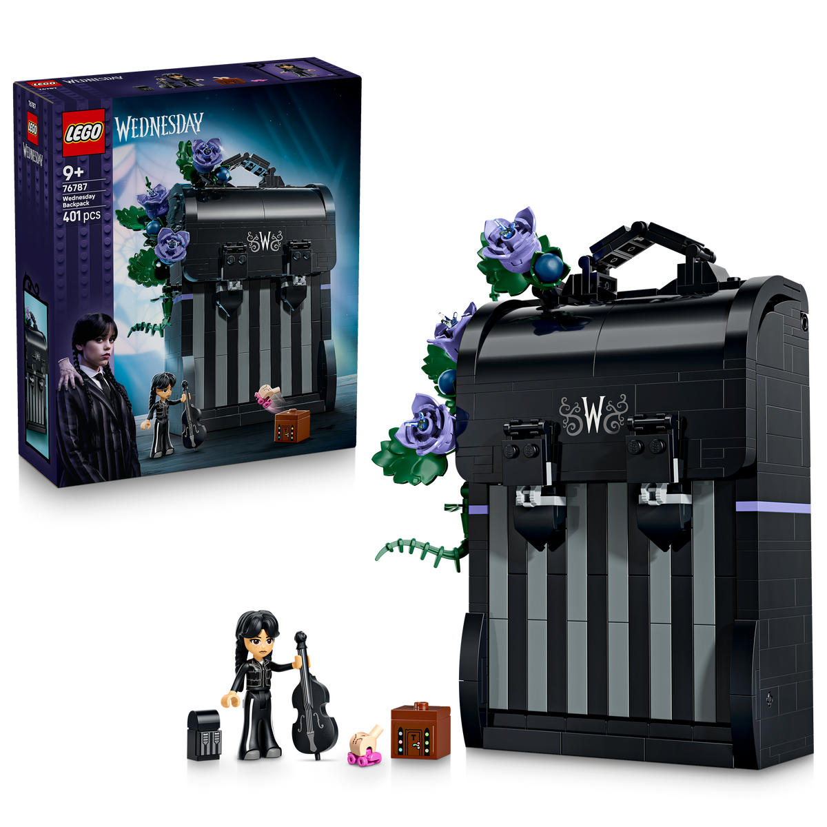 LEGO Wednesday 76787 Zaino di Mercoledì, Giocattolo con Portafoto, Mini Bambolina e Figura di Mano, Regalo per Bambini da 9+
