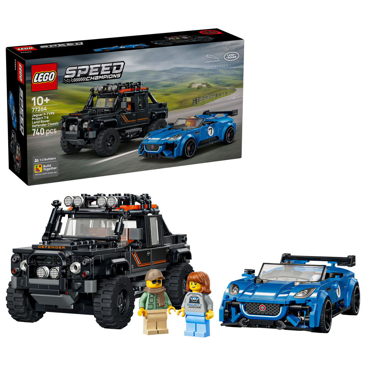 LEGO Speed Champions 77264 Jaguar Project 7 e Land Rover Defender, Set con 2 Macchine Giocattolo e 2 Minifigure, Regalo 10+